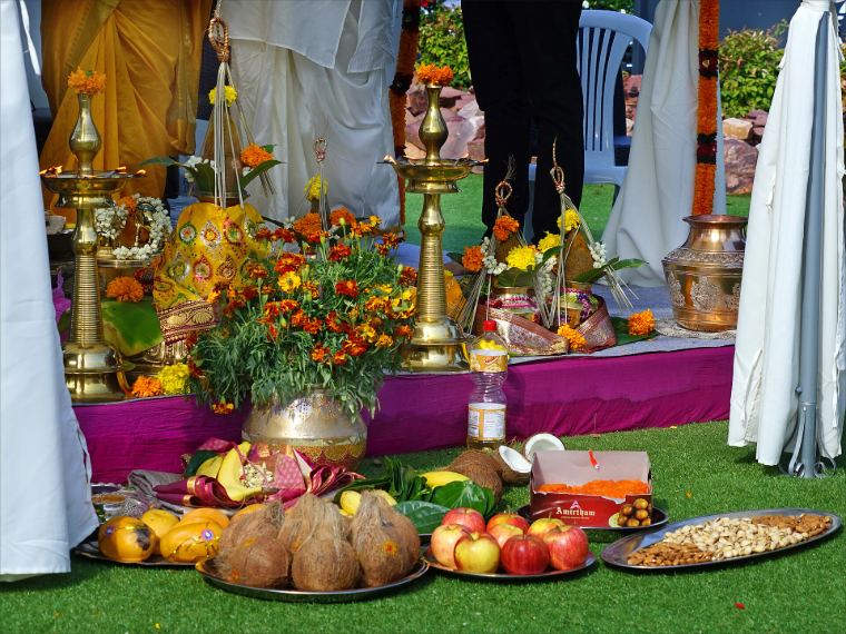 Offerings arranged for a Hindu wedding ritual